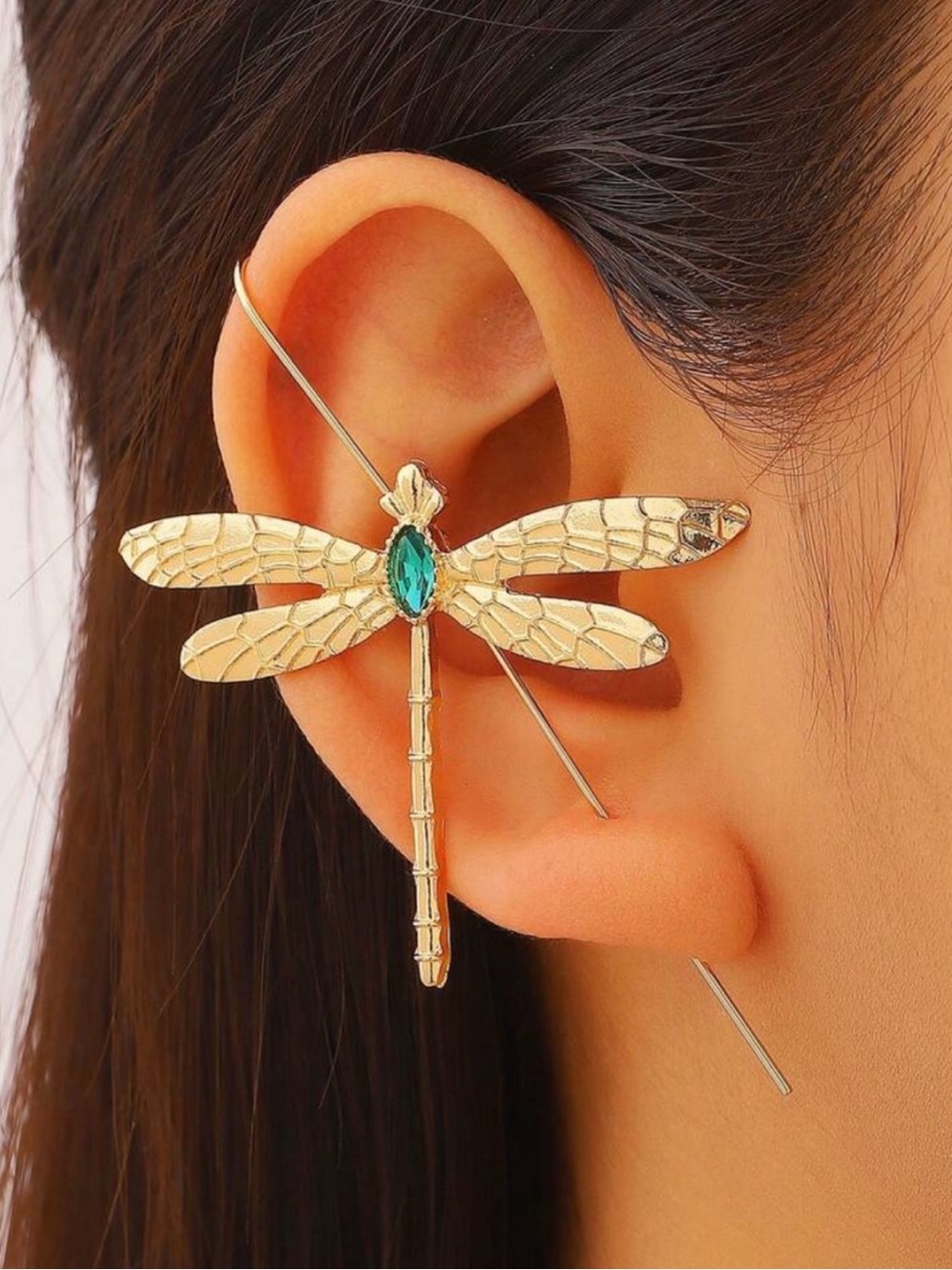 Gold Textured Dragonfly Single Ear Cuff with Green CZ Stone